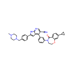 CN1CCN(Cc2ccc(-c3cc4c(-c5cccc(N6CCOc7cc(C8CC8)ccc7C6=O)c5)c(C#N)cnc4[nH]3)cc2)CC1 ZINC000205676107