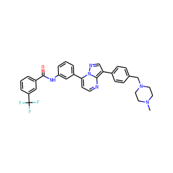 CN1CCN(Cc2ccc(-c3cnn4c(-c5cccc(NC(=O)c6cccc(C(F)(F)F)c6)c5)ccnc34)cc2)CC1 ZINC000049780440