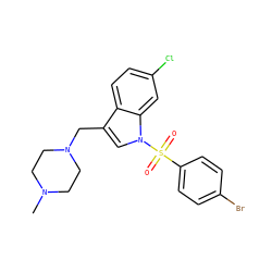 CN1CCN(Cc2cn(S(=O)(=O)c3ccc(Br)cc3)c3cc(Cl)ccc23)CC1 ZINC001772608735