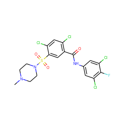 CN1CCN(S(=O)(=O)c2cc(C(=O)Nc3cc(Cl)c(F)c(Cl)c3)c(Cl)cc2Cl)CC1 ZINC001772648864