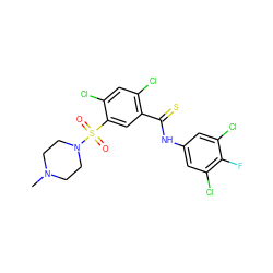 CN1CCN(S(=O)(=O)c2cc(C(=S)Nc3cc(Cl)c(F)c(Cl)c3)c(Cl)cc2Cl)CC1 ZINC001772578070
