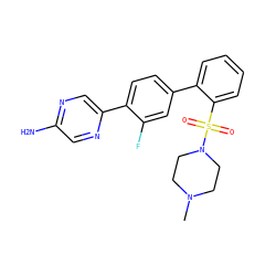 CN1CCN(S(=O)(=O)c2ccccc2-c2ccc(-c3cnc(N)cn3)c(F)c2)CC1 ZINC000212128665