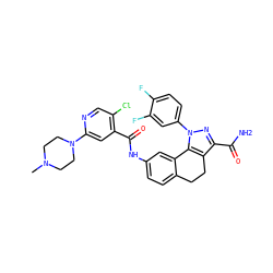 CN1CCN(c2cc(C(=O)Nc3ccc4c(c3)-c3c(c(C(N)=O)nn3-c3ccc(F)c(F)c3)CC4)c(Cl)cn2)CC1 ZINC000066078655