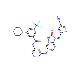 CN1CCN(c2cc(C(=O)Nc3cccc(Nc4ccc5c(c4)NC(=O)/C5=C\c4cc(C#N)c[nH]4)c3)cc(C(F)(F)F)c2)CC1 ZINC000084705509
