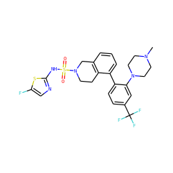 CN1CCN(c2cc(C(F)(F)F)ccc2-c2cccc3c2CCN(S(=O)(=O)Nc2ncc(F)s2)C3)CC1 ZINC000147614544