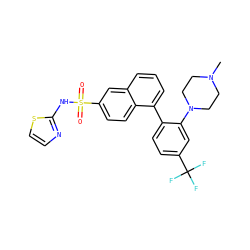 CN1CCN(c2cc(C(F)(F)F)ccc2-c2cccc3cc(S(=O)(=O)Nc4nccs4)ccc23)CC1 ZINC000206149368