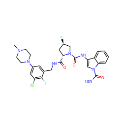 CN1CCN(c2cc(Cl)c(F)c(CNC(=O)[C@@H]3C[C@@H](F)CN3C(=O)Nc3cn(C(N)=O)c4ccccc34)c2)CC1 ZINC000148404105