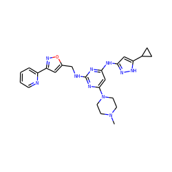 CN1CCN(c2cc(Nc3cc(C4CC4)[nH]n3)nc(NCc3cc(-c4ccccn4)no3)n2)CC1 ZINC000140132222