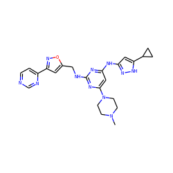 CN1CCN(c2cc(Nc3cc(C4CC4)[nH]n3)nc(NCc3cc(-c4ccncn4)no3)n2)CC1 ZINC000203003699