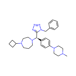 CN1CCN(c2ccc([C@H](c3nnnn3Cc3ccccc3)N3CCCN(C4CCC4)CC3)cc2)CC1 ZINC000058591201
