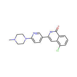 CN1CCN(c2ccc(-c3cc4c(Cl)cccc4c(=O)[nH]3)cn2)CC1 ZINC000204919676