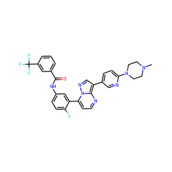 CN1CCN(c2ccc(-c3cnn4c(-c5cc(NC(=O)c6cccc(C(F)(F)F)c6)ccc5F)ccnc34)cn2)CC1 ZINC000049777801
