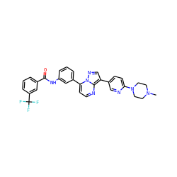 CN1CCN(c2ccc(-c3cnn4c(-c5cccc(NC(=O)c6cccc(C(F)(F)F)c6)c5)ccnc34)cn2)CC1 ZINC000049926547