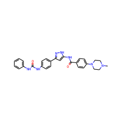 CN1CCN(c2ccc(C(=O)Nc3cc(-c4ccc(NC(=O)Nc5ccccc5)cc4)n[nH]3)cc2)CC1 ZINC000096270641