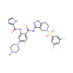 CN1CCN(c2ccc(C(=O)Nc3n[nH]c4c3CN(S(=O)(=O)c3cc(F)cc(F)c3)CC4)c(NC(=O)c3ccc[nH]3)c2)CC1 ZINC000042920945