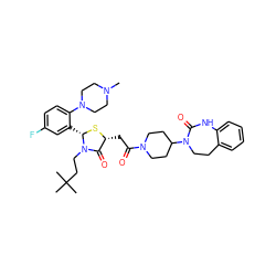 CN1CCN(c2ccc(F)cc2[C@@H]2S[C@H](CC(=O)N3CCC(N4CCc5ccccc5NC4=O)CC3)C(=O)N2CCC(C)(C)C)CC1 ZINC000150606261