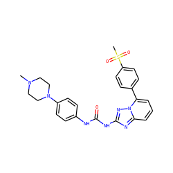 CN1CCN(c2ccc(NC(=O)Nc3nc4cccc(-c5ccc(S(C)(=O)=O)cc5)n4n3)cc2)CC1 ZINC000096169615