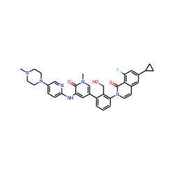 CN1CCN(c2ccc(Nc3cc(-c4cccc(-n5ccc6cc(C7CC7)cc(F)c6c5=O)c4CO)cn(C)c3=O)nc2)CC1 ZINC000072319591