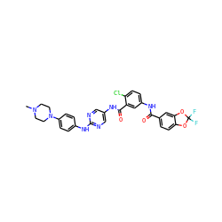 CN1CCN(c2ccc(Nc3ncc(NC(=O)c4cc(NC(=O)c5ccc6c(c5)OC(F)(F)O6)ccc4Cl)cn3)cc2)CC1 ZINC000053050595