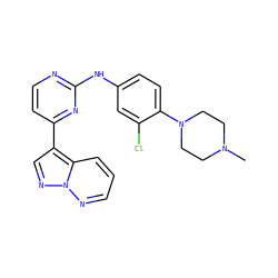 CN1CCN(c2ccc(Nc3nccc(-c4cnn5ncccc45)n3)cc2Cl)CC1 ZINC000003816525