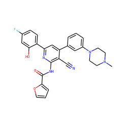 CN1CCN(c2cccc(-c3cc(-c4ccc(F)cc4O)nc(NC(=O)c4ccco4)c3C#N)c2)CC1 ZINC000053298588