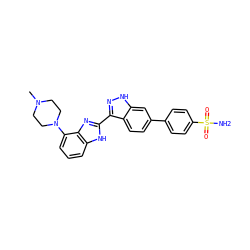 CN1CCN(c2cccc3[nH]c(-c4n[nH]c5cc(-c6ccc(S(N)(=O)=O)cc6)ccc45)nc23)CC1 ZINC000040420226