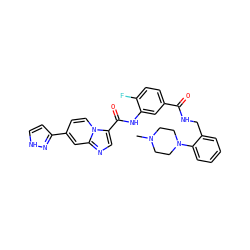 CN1CCN(c2ccccc2CNC(=O)c2ccc(F)c(NC(=O)c3cnc4cc(-c5cc[nH]n5)ccn34)c2)CC1 ZINC001772631798