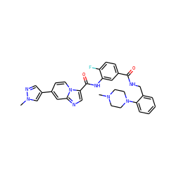 CN1CCN(c2ccccc2CNC(=O)c2ccc(F)c(NC(=O)c3cnc4cc(-c5cnn(C)c5)ccn34)c2)CC1 ZINC000142460273