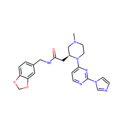CN1CCN(c2ccnc(-n3ccnc3)n2)[C@@H](CC(=O)NCc2ccc3c(c2)OCO3)C1 ZINC000028604301