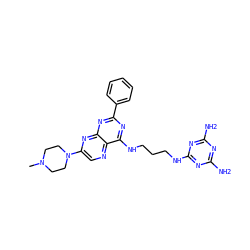 CN1CCN(c2cnc3c(NCCCNc4nc(N)nc(N)n4)nc(-c4ccccc4)nc3n2)CC1 ZINC000142719447