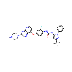 CN1CCN(c2cnc3c(Oc4ccc(NC(=O)Nc5cc(C(C)(C)C)nn5-c5ccccc5)c(F)c4)ccnc3n2)CC1 ZINC000058534241