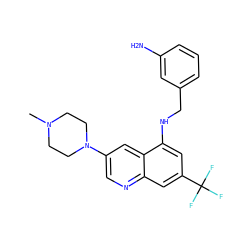 CN1CCN(c2cnc3cc(C(F)(F)F)cc(NCc4cccc(N)c4)c3c2)CC1 ZINC000169329657
