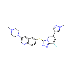 CN1CCN(c2cnc3ccc(Sc4nnc5c(F)cc(-c6cnn(C)c6)cn45)cc3c2)CC1 ZINC000204946430
