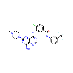 CN1CCN(c2nc(N)c3ncnc(Nc4cc(C(=O)Nc5cccc(C(F)(F)F)c5)ccc4Cl)c3n2)CC1 ZINC000148034921
