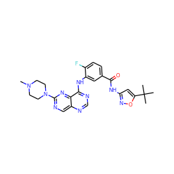 CN1CCN(c2ncc3ncnc(Nc4cc(C(=O)Nc5cc(C(C)(C)C)on5)ccc4F)c3n2)CC1 ZINC000148242194