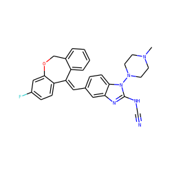 CN1CCN(n2c(NC#N)nc3cc(/C=C4\c5ccccc5COc5cc(F)ccc54)ccc32)CC1 ZINC000043206666