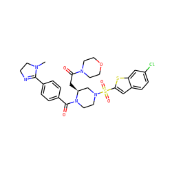 CN1CCN=C1c1ccc(C(=O)N2CCN(S(=O)(=O)c3cc4ccc(Cl)cc4s3)C[C@@H]2CC(=O)N2CCOCC2)cc1 ZINC000026181598