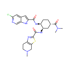 CN1CCc2nc(C(=O)N[C@@H]3C[C@@H](C(=O)N(C)C)CC[C@@H]3NC(=O)c3cc4cc(Cl)ncc4[nH]3)sc2C1 ZINC000049762337
