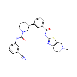 CN1CCc2nc(NC(=O)c3cccc([C@@H]4CCCN(C(=O)Nc5cccc(C#N)c5)C4)c3)sc2C1 ZINC000141660115
