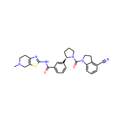 CN1CCc2nc(NC(=O)c3cccc([C@H]4CCCN4C(=O)N4CCc5c(C#N)cccc54)c3)sc2C1 ZINC000199988808