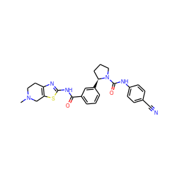 CN1CCc2nc(NC(=O)c3cccc([C@H]4CCCN4C(=O)Nc4ccc(C#N)cc4)c3)sc2C1 ZINC000199986456