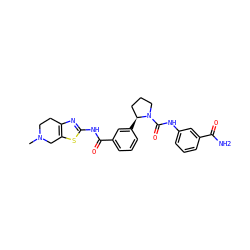 CN1CCc2nc(NC(=O)c3cccc([C@H]4CCCN4C(=O)Nc4cccc(C(N)=O)c4)c3)sc2C1 ZINC000113581380