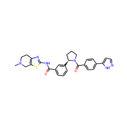 CN1CCc2nc(NC(=O)c3cccc([C@H]4CCCN4C(=O)c4ccc(-c5ccn[nH]5)cc4)c3)sc2C1 ZINC000200015804