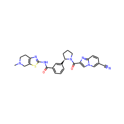 CN1CCc2nc(NC(=O)c3cccc([C@H]4CCCN4C(=O)c4cn5cc(C#N)ccc5n4)c3)sc2C1 ZINC000141714983
