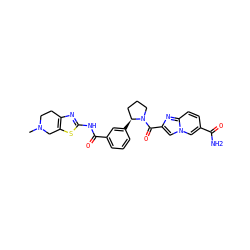 CN1CCc2nc(NC(=O)c3cccc([C@H]4CCCN4C(=O)c4cn5cc(C(N)=O)ccc5n4)c3)sc2C1 ZINC000200007273