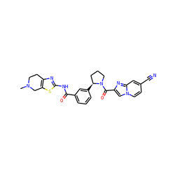 CN1CCc2nc(NC(=O)c3cccc([C@H]4CCCN4C(=O)c4cn5ccc(C#N)cc5n4)c3)sc2C1 ZINC000113581531