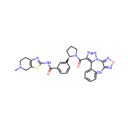 CN1CCc2nc(NC(=O)c3cccc([C@H]4CCCN4C(=O)c4nnn(-c5nonc5N)c4-c4ccccc4)c3)sc2C1 ZINC000199982250