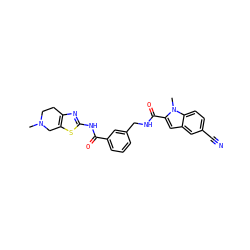 CN1CCc2nc(NC(=O)c3cccc(CNC(=O)c4cc5cc(C#N)ccc5n4C)c3)sc2C1 ZINC000167964629