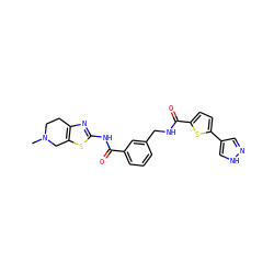 CN1CCc2nc(NC(=O)c3cccc(CNC(=O)c4ccc(-c5cn[nH]c5)s4)c3)sc2C1 ZINC000167964113