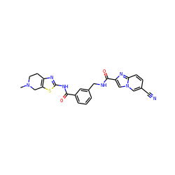 CN1CCc2nc(NC(=O)c3cccc(CNC(=O)c4cn5cc(C#N)ccc5n4)c3)sc2C1 ZINC000167960543